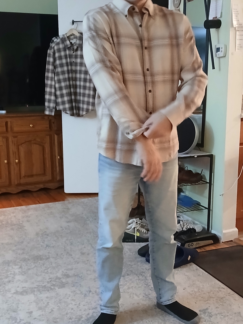 Banana Republic Beige Plaid Slim Straight Shirt